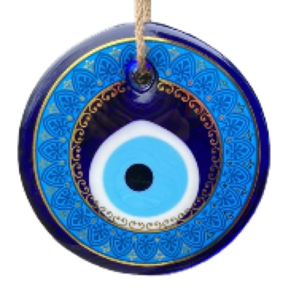 EVIL EYE Wall Hanging Charm Glass Patterned  Blue and Gold Large 4.5" Round - Picture 1 of 8